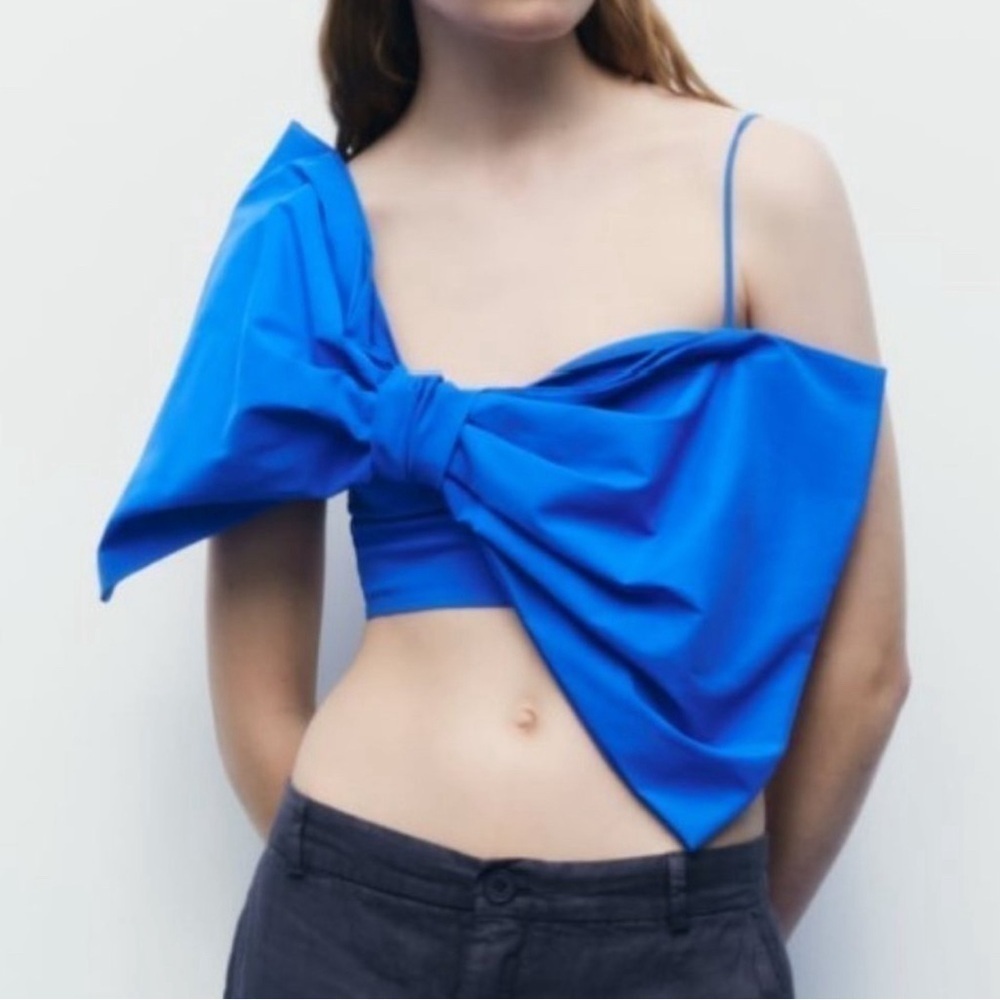 NWT ZARA, Asymmetric Voluminous Maxi Bow Tied Crop Top, Small in Blue - Picture 3 of 8